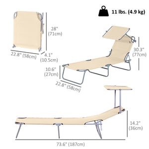 Outdoor Lounge Chair, Adjustable Folding Chaise Lounge, Tanning Chair with Sun Shade for Beach, Camping, Hiking, Backyard, Beige