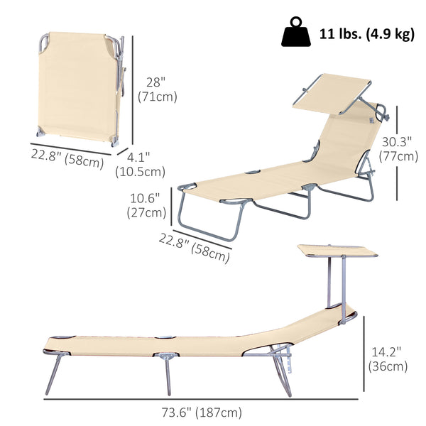 Outdoor Lounge Chair, Adjustable Folding Chaise Lounge, Tanning Chair with Sun Shade for Beach, Camping, Hiking, Backyard, Beige