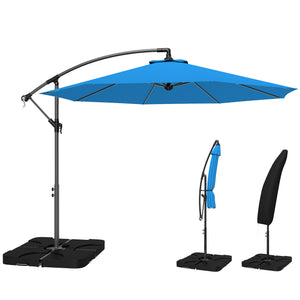 3 m Cantilever Parasol with Umbrella Weights, Cross Base, Offset Outdoor Umbrella with Protective Cover, Crank Handle, Hanging Sun Shade, Blue
