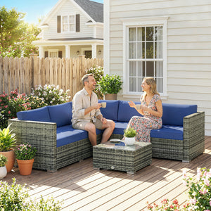 4 Pieces Rattan Garden Furniture Set, Wicker Outdoor Furniture Set with Corner Sofa Loveseat Coffee Table Cushions, Conservatory Furniture Set for Patio Balcony, Blue