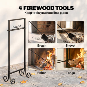 Fireplace Tools Set 5 Pieces Metal Fire Place Kit, Outdoor Indoor Fireside Accessories with Brush, Shovel, Poker, A Pair of Tongs, Stand, Black