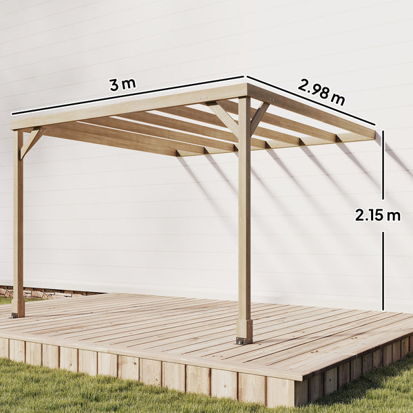 3 x 3 m Lean-To Wooden Pergola Kit, Decorative Garden Gazebo with Stable Structure and Concrete Anchors, Grape Trellis for Climbing Vines, Flowers, Garden Patio, Light Brown