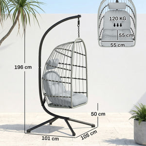 Hanging Egg Chair, Indoor Outdoor Hammock Swing Chair with Stand, Safety Strap, Foldable Basket, Thick Cushions, Headrest, Adjustable Height, Metal Frame for Garden Balcony, Light Grey