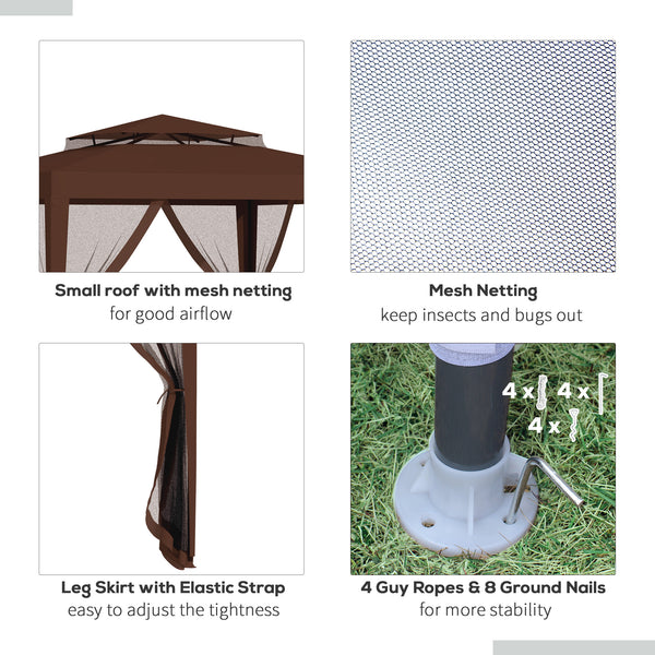 10' x 10' Canopy Tent, Party Tent with Mesh Netting and Double Tier Roof for Backyard, Garden, Patio, Outdoor, Brown