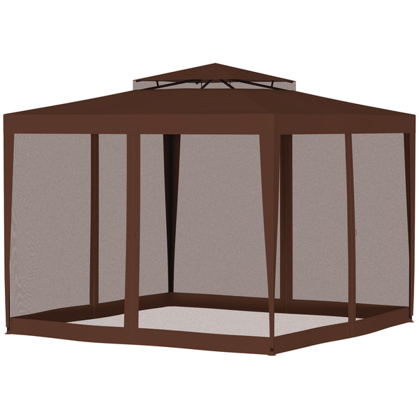 10' x 10' Canopy Tent, Party Tent with Mesh Netting and Double Tier Roof for Backyard, Garden, Patio, Outdoor, Brown