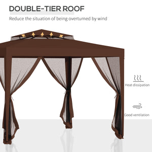 10' x 10' Canopy Tent, Party Tent with Mesh Netting and Double Tier Roof for Backyard, Garden, Patio, Outdoor, Brown