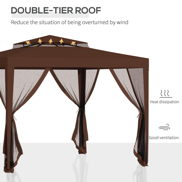 10' x 10' Canopy Tent, Party Tent with Mesh Netting and Double Tier Roof for Backyard, Garden, Patio, Outdoor, Brown