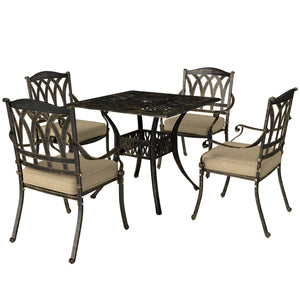 5 Pieces Cast Aluminium Garden Dining Set, 4 Seater Garden Table and Chairs with Parasol Hole, Outdoor Garden Furniture Set with Cushions for Patio, Bronze Tone