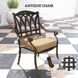 5 Pieces Cast Aluminium Garden Dining Set, 4 Seater Garden Table and Chairs with Parasol Hole, Outdoor Garden Furniture Set with Cushions for Patio, Bronze Tone