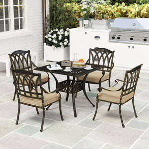 5 Pieces Cast Aluminium Garden Dining Set, 4 Seater Garden Table and Chairs with Parasol Hole, Outdoor Garden Furniture Set with Cushions for Patio, Bronze Tone