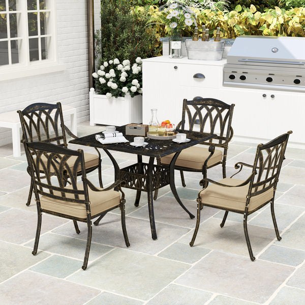 5 Pieces Cast Aluminium Garden Dining Set, 4 Seater Garden Table and Chairs with Parasol Hole, Outdoor Garden Furniture Set with Cushions for Patio, Bronze Tone