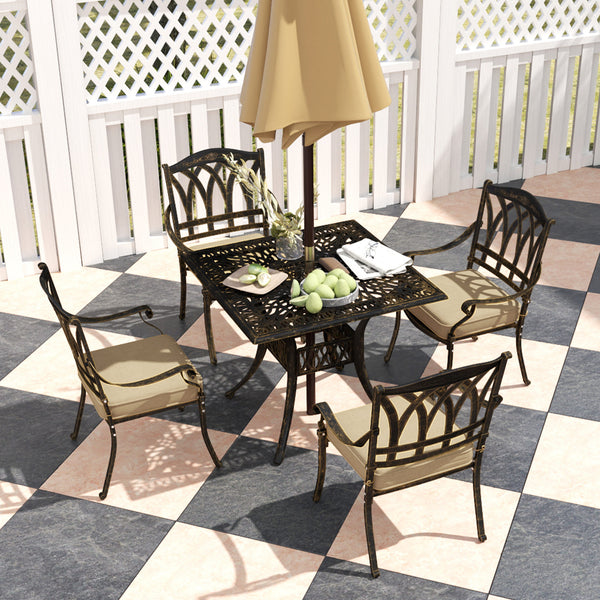5 Pieces Cast Aluminium Garden Dining Set, 4 Seater Garden Table and Chairs with Parasol Hole, Outdoor Garden Furniture Set with Cushions for Patio, Bronze Tone
