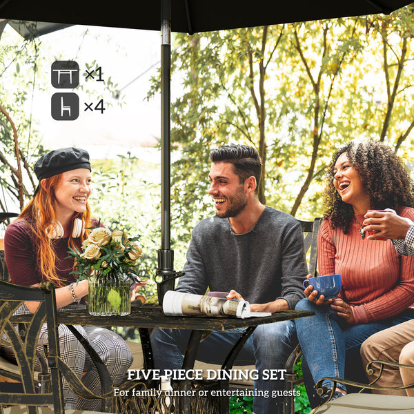 5 Pieces Cast Aluminium Garden Dining Set, 4 Seater Garden Table and Chairs with Parasol Hole, Outdoor Garden Furniture Set with Cushions for Patio, Bronze Tone