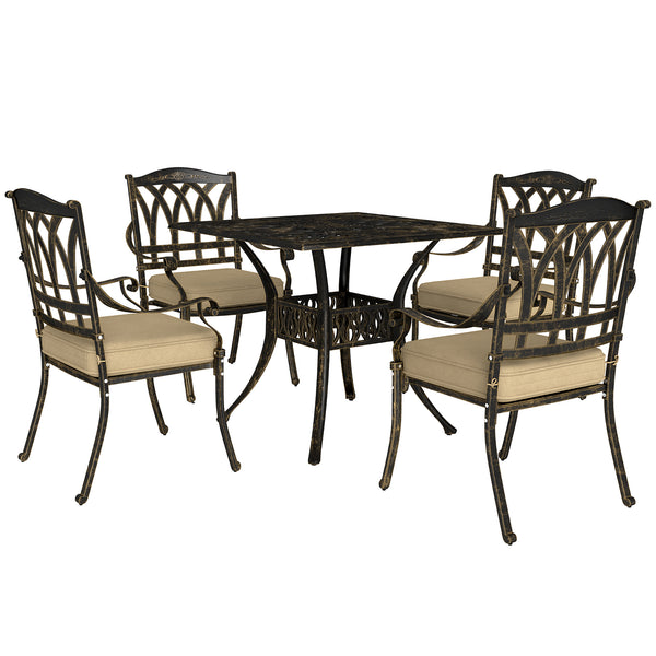 5 Pieces Cast Aluminium Garden Dining Set, 4 Seater Garden Table and Chairs with Parasol Hole, Outdoor Garden Furniture Set with Cushions for Patio, Bronze Tone