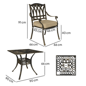 5 Pieces Cast Aluminium Garden Dining Set, 4 Seater Garden Table and Chairs with Parasol Hole, Outdoor Garden Furniture Set with Cushions for Patio, Bronze Tone