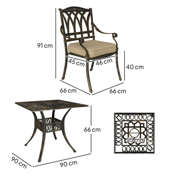 5 Pieces Cast Aluminium Garden Dining Set, 4 Seater Garden Table and Chairs with Parasol Hole, Outdoor Garden Furniture Set with Cushions for Patio, Bronze Tone
