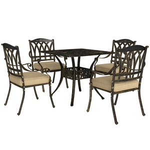5 Pieces Cast Aluminium Garden Dining Set, 4 Seater Garden Table and Chairs with Parasol Hole, Outdoor Garden Furniture Set with Cushions for Patio, Bronze Tone