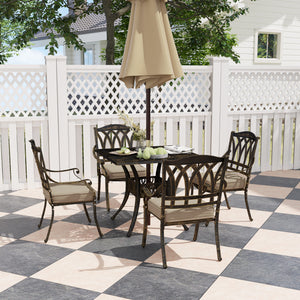 5 Pieces Cast Aluminium Garden Dining Set, 4 Seater Garden Table and Chairs with Parasol Hole, Outdoor Garden Furniture Set with Cushions for Patio, Bronze Tone