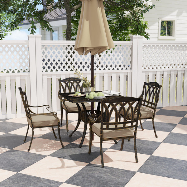 5 Pieces Cast Aluminium Garden Dining Set, 4 Seater Garden Table and Chairs with Parasol Hole, Outdoor Garden Furniture Set with Cushions for Patio, Bronze Tone