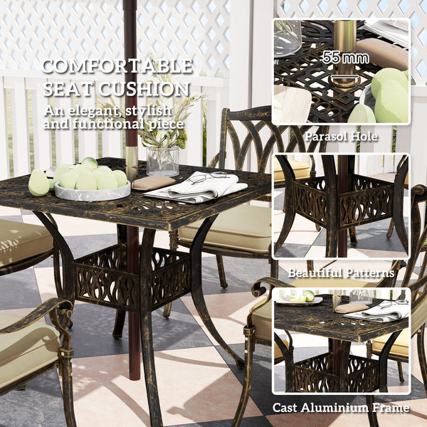 5 Pieces Cast Aluminium Garden Dining Set, 4 Seater Garden Table and Chairs with Parasol Hole, Outdoor Garden Furniture Set with Cushions for Patio, Bronze Tone