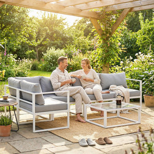 6 Seater Aluminium Garden Furniture Set, Extra Deep Garden Sofa Set with Coffee Table and Thick Cushions, Furniture Conversation Sets for Patio and Balcony, Outdoor, Light Grey