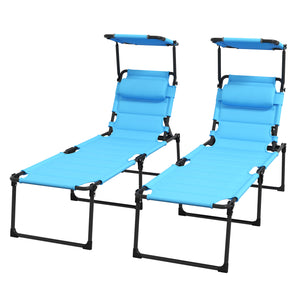 2 Pieces Outdoor Lounge Chair, Adjustable Backrest Folding Chaise Lounge, Cushioned Tanning Chair with Sunshade Roof & Pillow Headrest for Beach, Camping, Hiking, Light Blue
