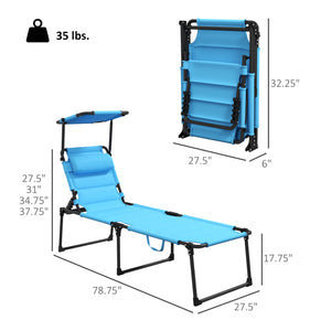 2 Pieces Outdoor Lounge Chair, Adjustable Backrest Folding Chaise Lounge, Cushioned Tanning Chair with Sunshade Roof & Pillow Headrest for Beach, Camping, Hiking, Light Blue