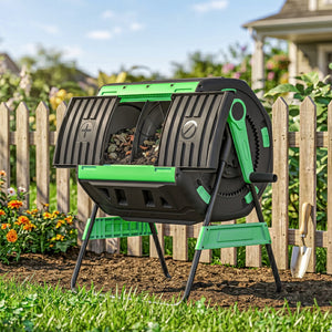 200L Garden Compost Bin, Dual Chamber Rotating Tumbling Composter with 8 Adjustable Vents, BPA Free Outdoor Compost Tumbler with 2 Sliding Doors, Gloves, Screwdriver, Wrench and Metal Frame