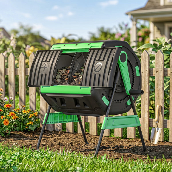 200L Garden Compost Bin, Dual Chamber Rotating Tumbling Composter with 8 Adjustable Vents, BPA Free Outdoor Compost Tumbler with 2 Sliding Doors, Gloves, Screwdriver, Wrench and Metal Frame