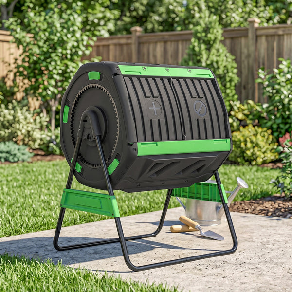 200L Garden Compost Bin, Dual Chamber Rotating Tumbling Composter with 8 Adjustable Vents, BPA Free Outdoor Compost Tumbler with 2 Sliding Doors, Gloves, Screwdriver, Wrench and Metal Frame