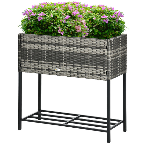 Outsunny Raised Garden Bed, Elevated Planter Box with Rattan Wicker Look, Tool Storage Shelf, Portable Design for Herbs, Vegetables, Flowers, Gray