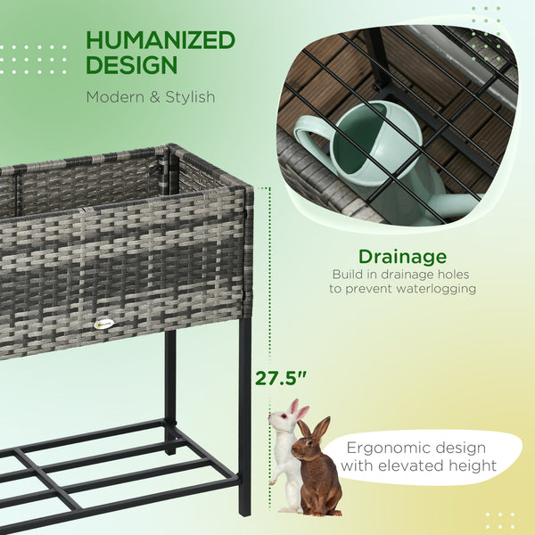 Outsunny Raised Garden Bed, Elevated Planter Box with Rattan Wicker Look, Tool Storage Shelf, Portable Design for Herbs, Vegetables, Flowers, Gray