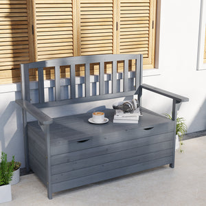 Outdoor 2 Seater Garden Bench, Wooden Bench with Storage, Garden Storage Bench with Backrest, Arm Rests for Outdoor Patio Porch, 112 x 84 x 58 cm, Dark Grey
