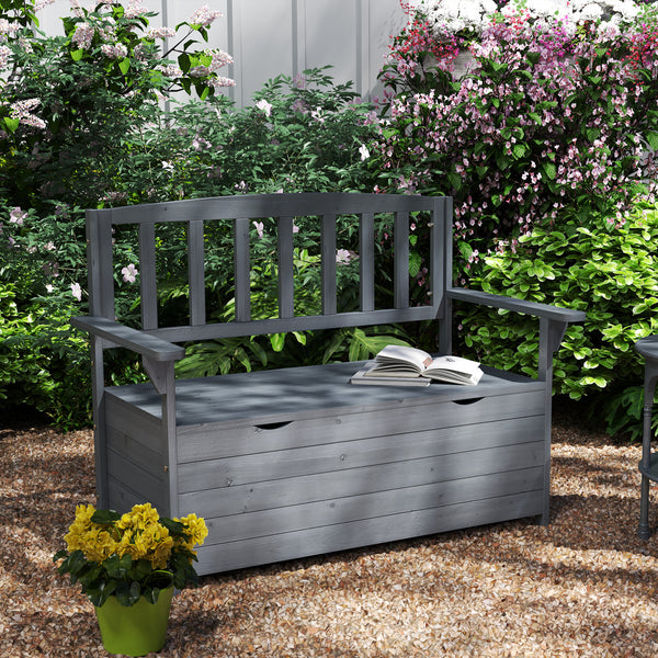 Outdoor 2 Seater Garden Bench, Wooden Bench with Storage, Garden Storage Bench with Backrest, Arm Rests for Outdoor Patio Porch, 112 x 84 x 58 cm, Dark Grey