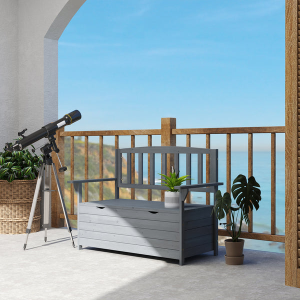 Outdoor 2 Seater Garden Bench, Wooden Bench with Storage, Garden Storage Bench with Backrest, Arm Rests for Outdoor Patio Porch, 112 x 84 x 58 cm, Dark Grey