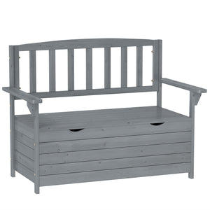 Outdoor 2 Seater Garden Bench, Wooden Bench with Storage, Garden Storage Bench with Backrest, Arm Rests for Outdoor Patio Porch, 112 x 84 x 58 cm, Dark Grey