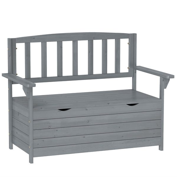 Outdoor 2 Seater Garden Bench, Wooden Bench with Storage, Garden Storage Bench with Backrest, Arm Rests for Outdoor Patio Porch, 112 x 84 x 58 cm, Dark Grey