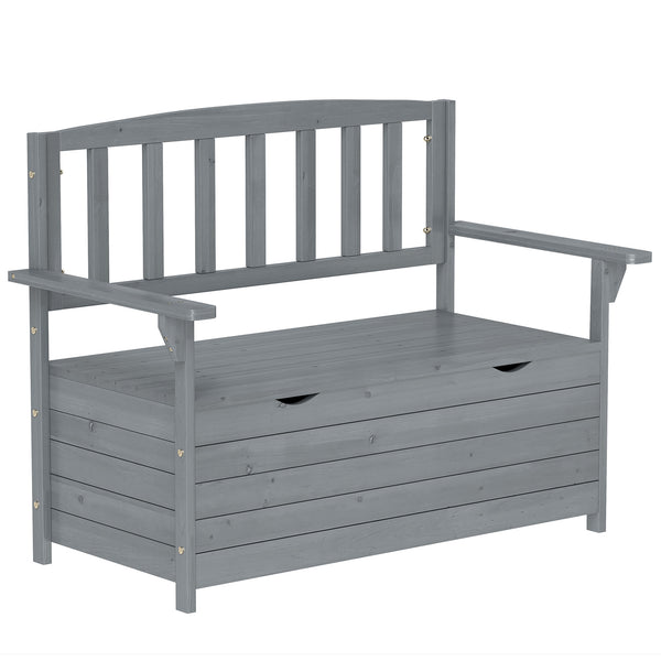 Outdoor 2 Seater Garden Bench, Wooden Bench with Storage, Garden Storage Bench with Backrest, Arm Rests for Outdoor Patio Porch, 112 x 84 x 58 cm, Dark Grey