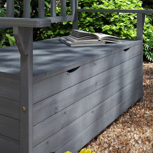 Outdoor 2 Seater Garden Bench, Wooden Bench with Storage, Garden Storage Bench with Backrest, Arm Rests for Outdoor Patio Porch, 112 x 84 x 58 cm, Dark Grey