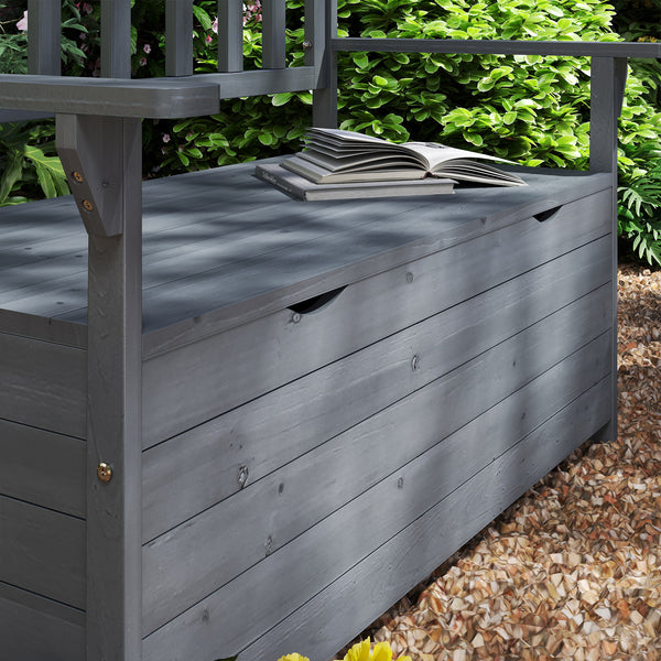 Outdoor 2 Seater Garden Bench, Wooden Bench with Storage, Garden Storage Bench with Backrest, Arm Rests for Outdoor Patio Porch, 112 x 84 x 58 cm, Dark Grey