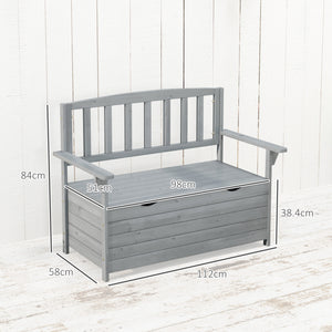 Outdoor 2 Seater Garden Bench, Wooden Bench with Storage, Garden Storage Bench with Backrest, Arm Rests for Outdoor Patio Porch, 112 x 84 x 58 cm, Dark Grey