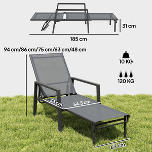 Sun Loungers Set of 2 with Retractable Footrest, 5-Position Adjustable Reclining Garden Lounger, Garden Chaise Lounge Sunbed Recliner Chair w/ Steel Frame for Beach, Porch, Patio, Dark Grey