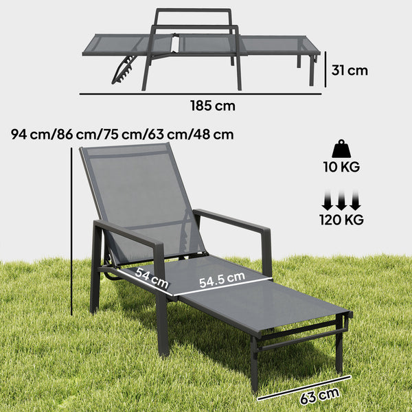 Sun Loungers Set of 2 with Retractable Footrest, 5-Position Adjustable Reclining Garden Lounger, Garden Chaise Lounge Sunbed Recliner Chair w/ Steel Frame for Beach, Porch, Patio, Dark Grey