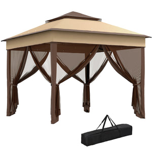 10.7 x 10.7ft Pop Up Camping Gazebo, Height Adjustable Instant Sun Shelter with UV30+ Roof Cover, Removable Mesh Curtains and Carrying Bag for Patio, Backyard, Beige