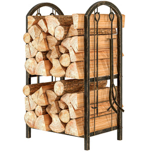 17 Inch Firewood Rack with 4 Fireplace Tools, 2-Tier Heavy Duty Steel Log Store Indoors with Hooks, 220 lb Capacity Fireplace Log Storage Holder for Outdoor, Coffee Brown