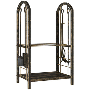 17 Inch Firewood Rack with 4 Fireplace Tools, 2-Tier Heavy Duty Steel Log Store Indoors with Hooks, 220 lb Capacity Fireplace Log Storage Holder for Outdoor, Coffee Brown