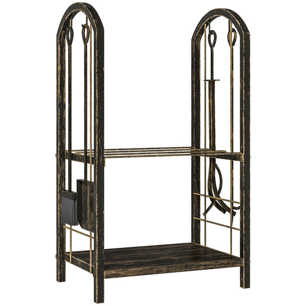 17 Inch Firewood Rack with 4 Fireplace Tools, 2-Tier Heavy Duty Steel Log Store Indoors with Hooks, 220 lb Capacity Fireplace Log Storage Holder for Outdoor, Coffee Brown