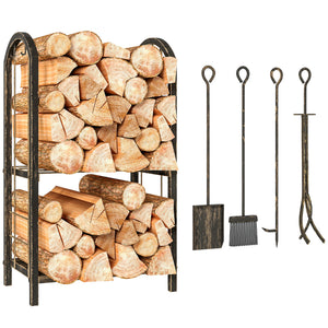 17 Inch Firewood Rack with 4 Fireplace Tools, 2-Tier Heavy Duty Steel Log Store Indoors with Hooks, 220 lb Capacity Fireplace Log Storage Holder for Outdoor, Coffee Brown