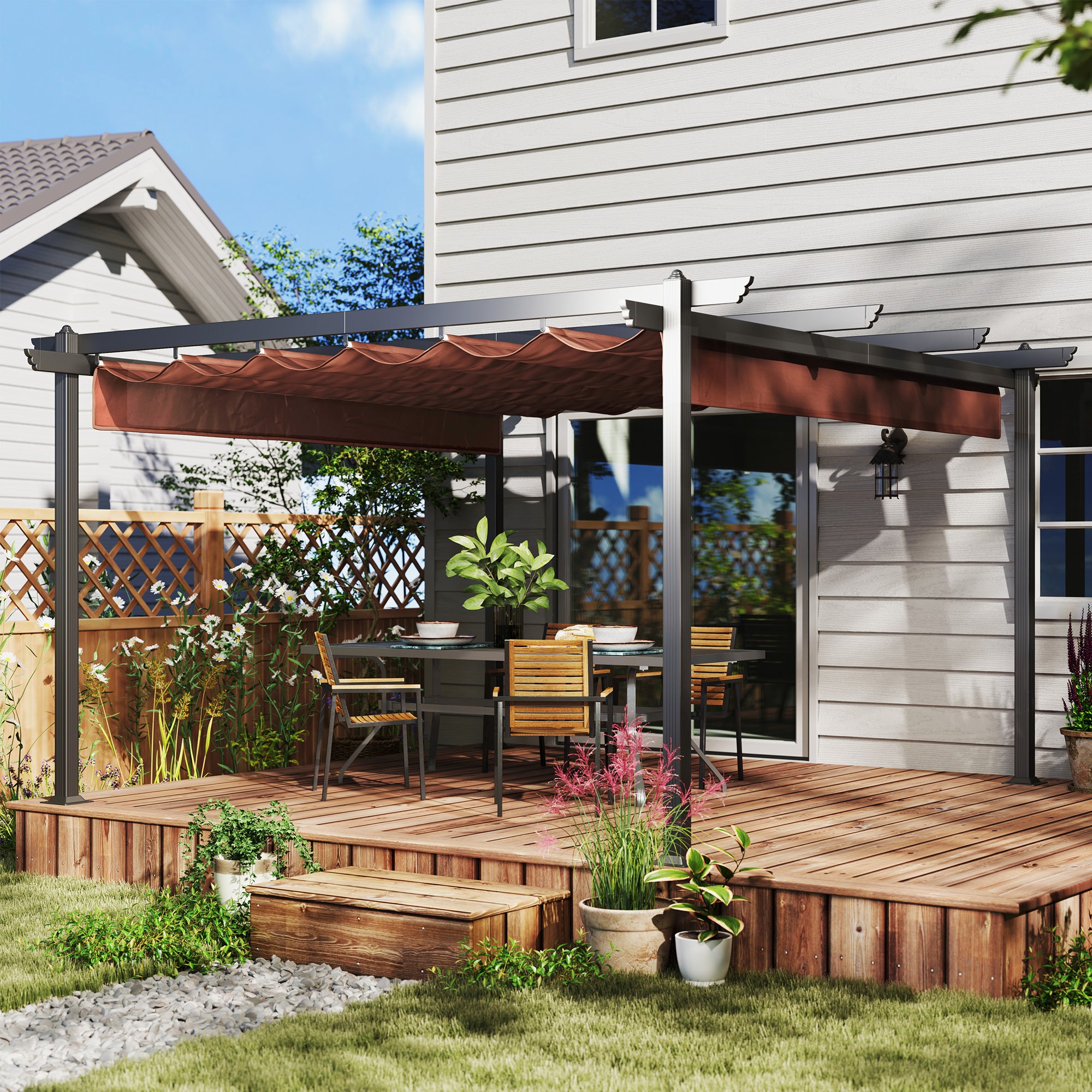 pergola tarp Outsunny 13' x 13' Aluminum Retractable Pergola Canopy, Outdoor Pergola for Garden, Patio, Backyard, Deck, Brown