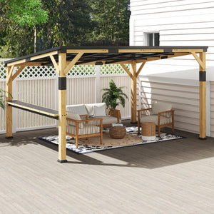 10' x 14' Wooden Gazebo, Hardtop Lean-to Gazebo Pergola with Galvanized Steel Sloped Roof, Bar Shelf, Large Heavy Duty Awning for Patio, Deck, Backyard, Natural Wood